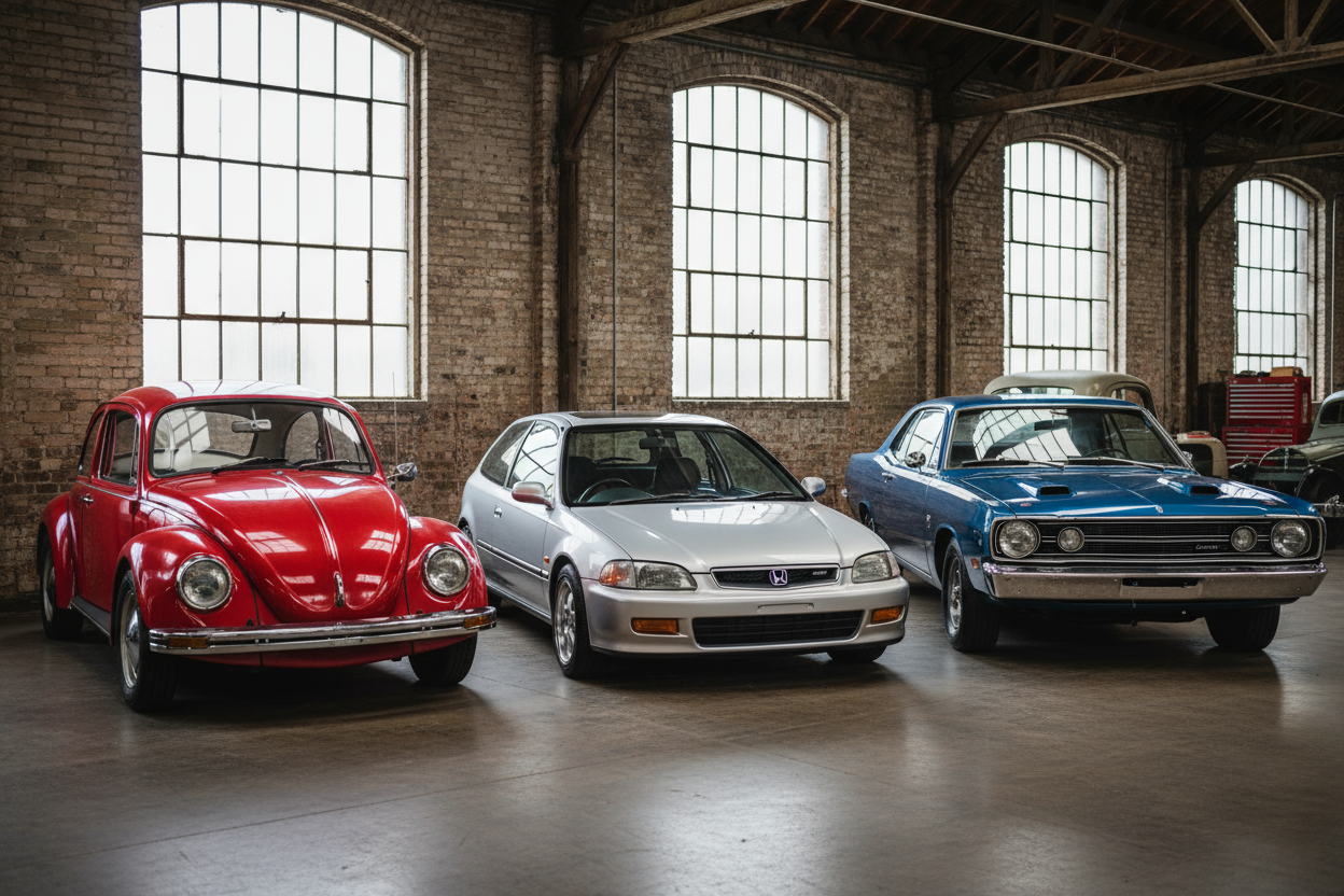 faça uma foto de uma coleçao de carros, nela um fusca 1969, um civic 1997 , um dodge dart